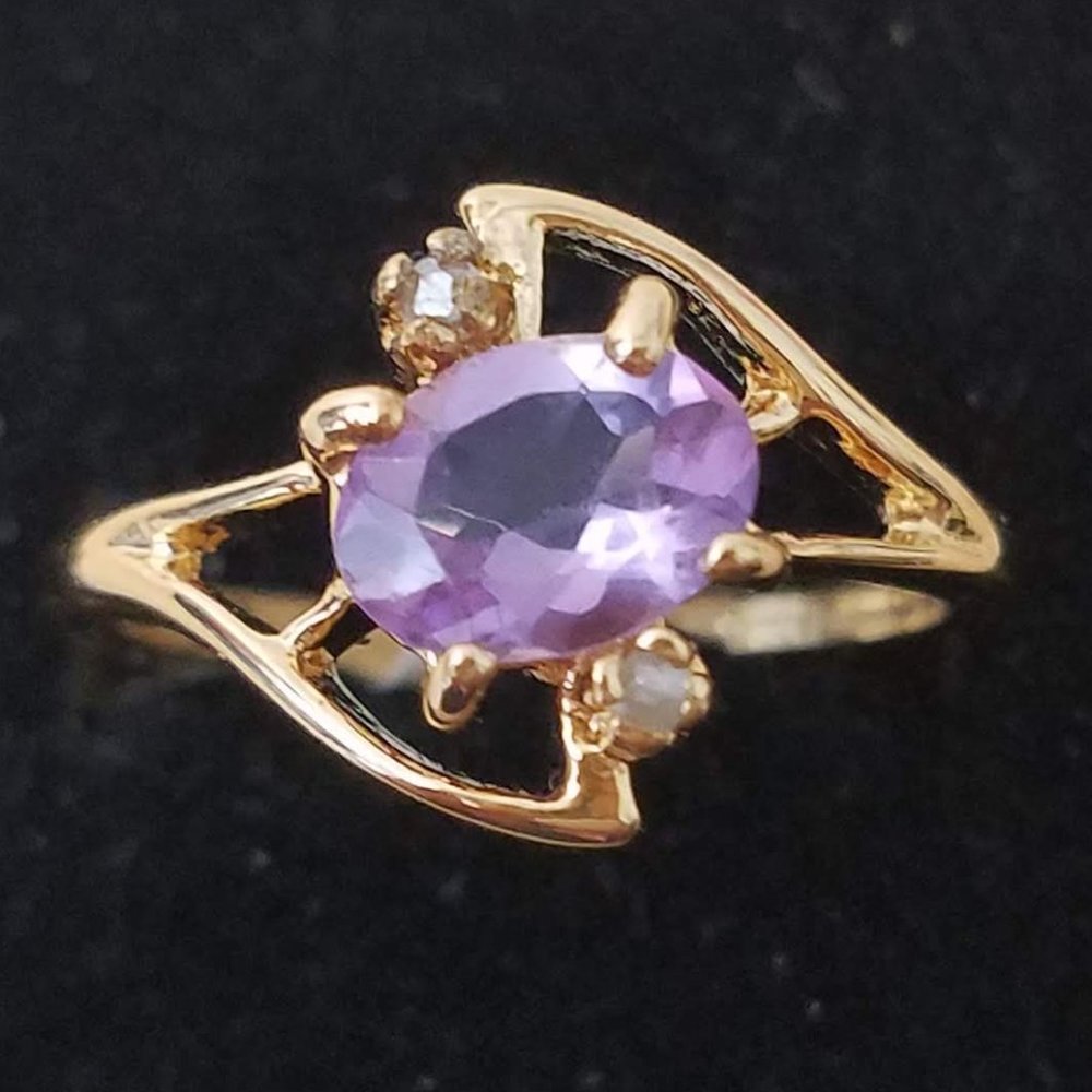 Amethyst & Diamond 14K Gold Plated Ring Size 7